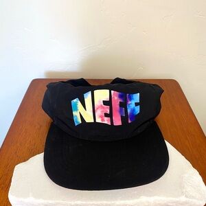 Neff Flat Brimmed NWT Black Hat with Multicolor Tie-Dye Logo Snowboarding Skiing